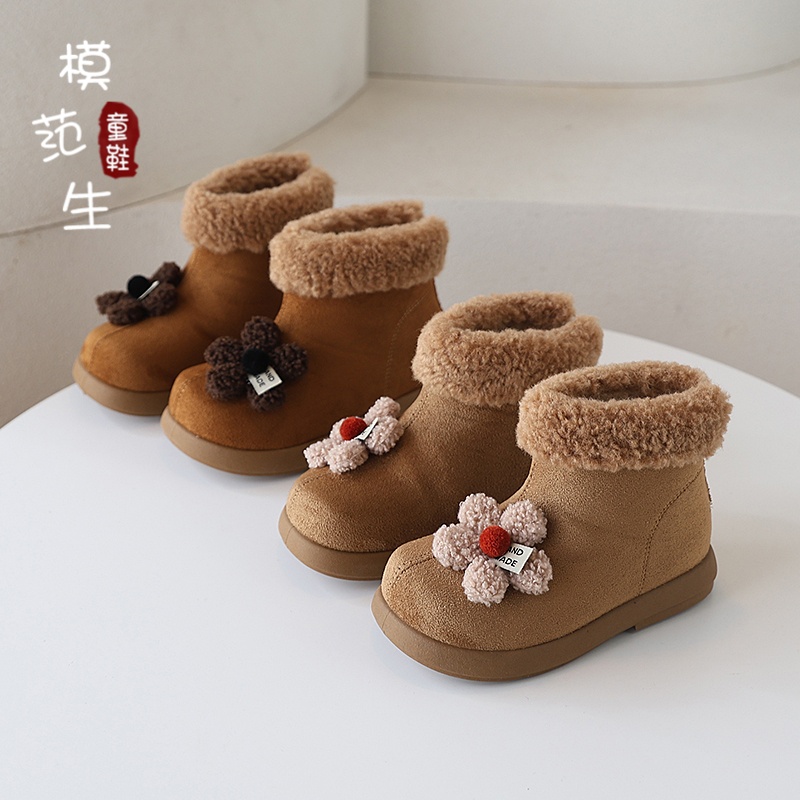 女童加绒保暖大棉棉靴2025秋冬新款休闲风韩版甜美花朵装饰皮靴