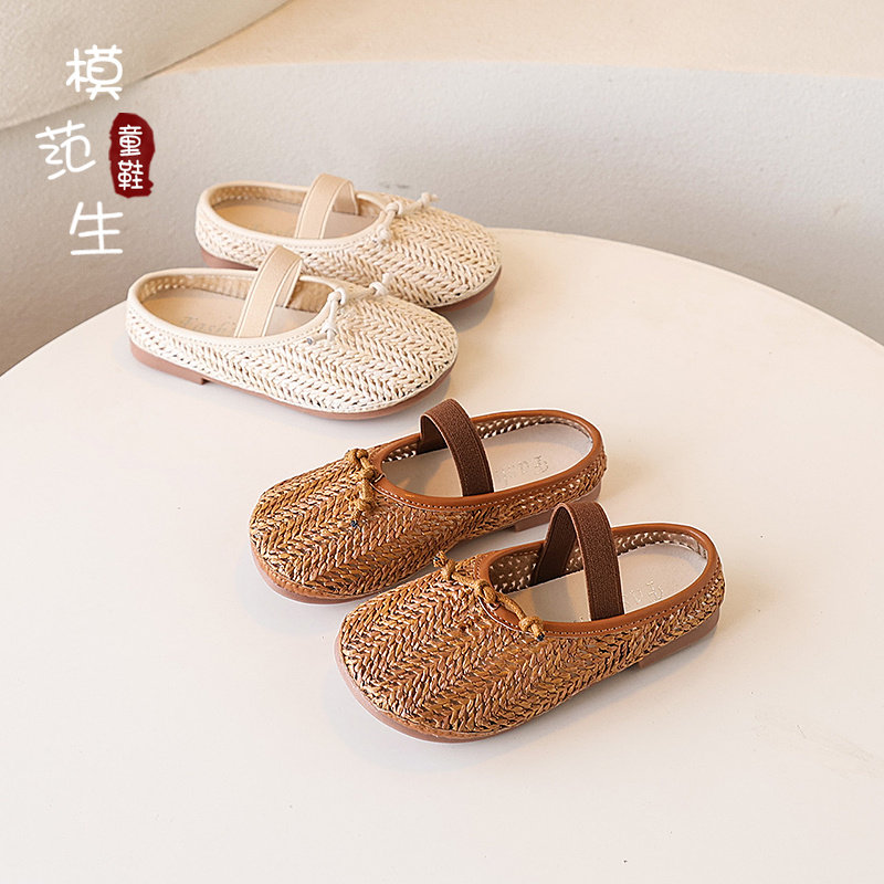 【断码清仓】女童编织镂空凉鞋蝴蝶结时尚半拖鞋小女孩包头公主鞋