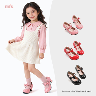 女童防滑红色高跟鞋春小女孩单鞋公主鞋中大童演出走秀粉色皮鞋