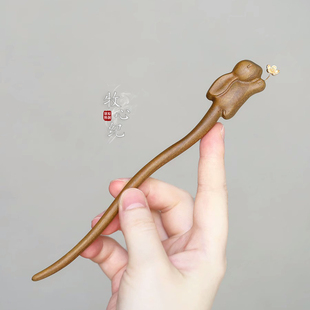 原创手工送花兔金丝檀木发簪子女新中式古风可爱日常通勤盘发送礼
