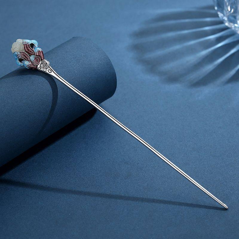 s925镀银景泰蓝发簪古风和田玉莲花盘发百搭步摇汉服一字簪素簪,饰品/流行首饰/时尚饰品新,发饰,淘宝优惠券,粉丝福利购,淘宝优惠卷