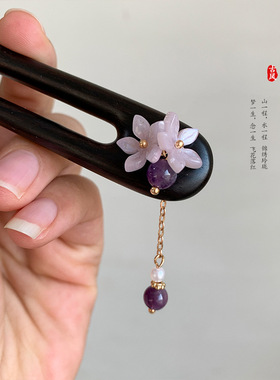 原创紫藤兰手工檀木发簪精致素雅