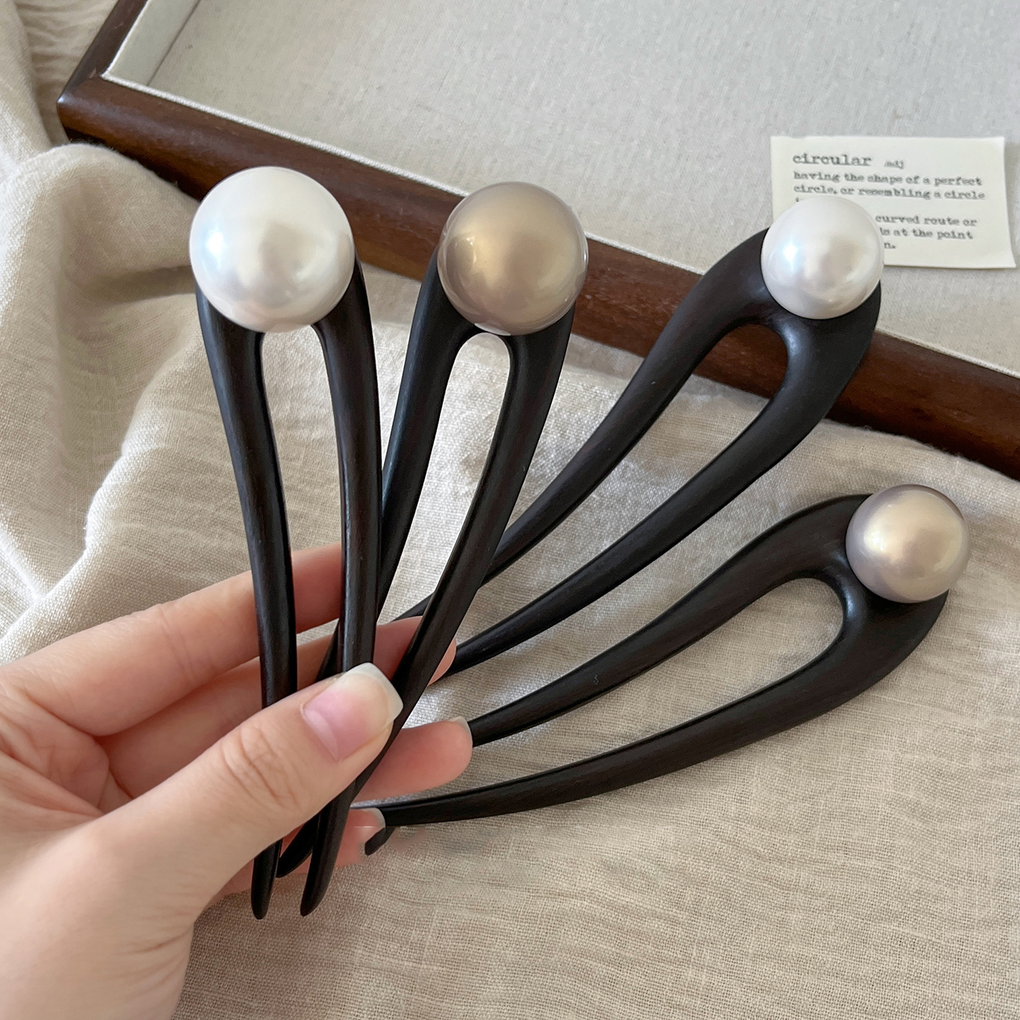 U型黑檀木发簪珍珠高级感新中式