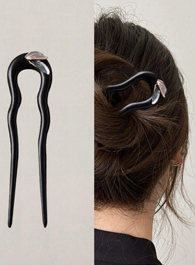 新中式发簪u形素雅高端古风银色蓝色树叶黑檀木国风盘发簪子盘发