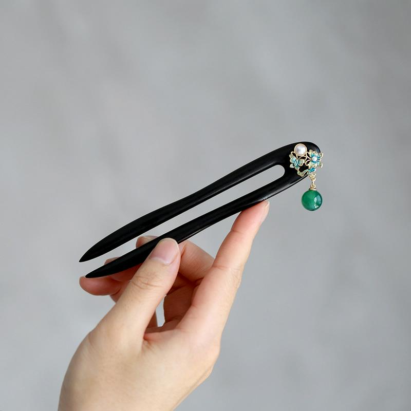 原创【千山翠】U型发簪13厘米短款黑檀木仿绿玛瑙古典古风新中式