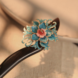 烧蓝花朵黑檀木发簪木簪古风高级感茶服发饰发钗简约现代秋季礼物