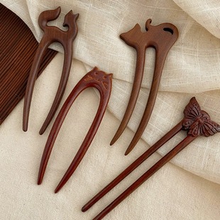 新中式可爱猫咪u型发簪檀木簪子懒人盘发器古风发钗汉服配饰头饰