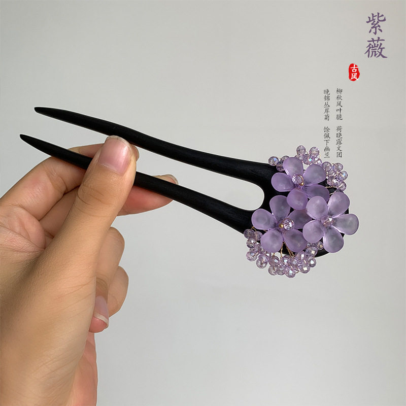 紫色花U型钗檀木发簪日常通勤配图片