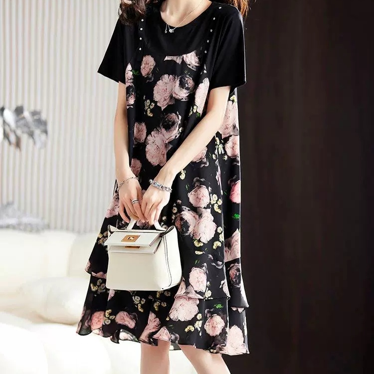 大牌连衣裙女高档假两件2024夏季新款雪纺印花镶钻洋气中长款裙子