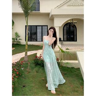 网纱拼接提花吊带连衣裙女夏季 绿色海边度假风裙子收腰a字裙长裙