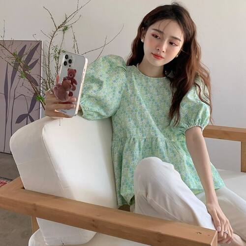 泡泡袖上衣女夏露后背蝴蝶结衬衫女设计感气质宽松显瘦短袖娃娃衫