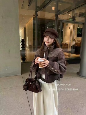 设计感立领羽绒服女欧货2025冬季新款羊羔毛拼接小个子白鸭绒外套