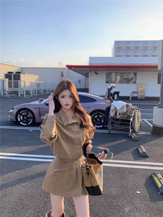 卡其色裙子设计感小众时髦短裙 长袖 韩版 复古气质麂皮连衣裙女秋季