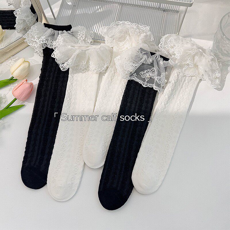 儿童袜子春夏季薄款蕾丝花边公主袜女童中筒袜网眼透气洋气长筒袜