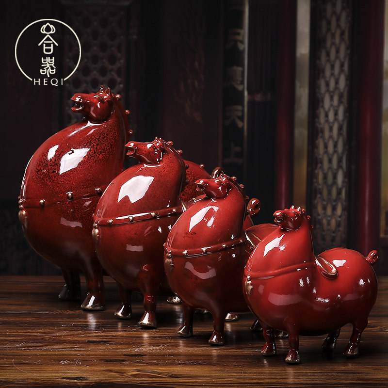 马摆件 陶瓷工艺品风水招财客厅家居小饰品 创意可爱红色唐马摆件