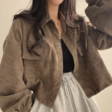 灯芯绒外套女秋季2024新款灰色开衫衬衫女短款小众黑色衬衫上衣女