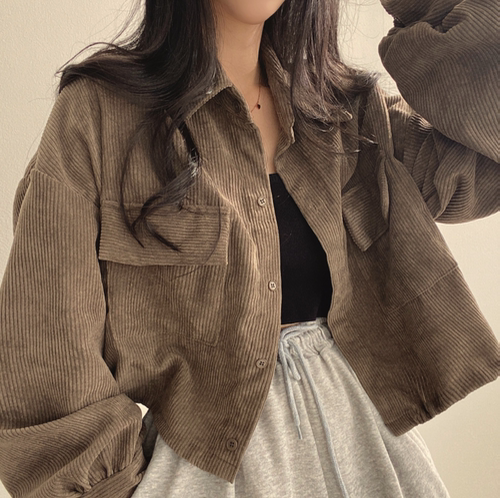 灯芯绒外套女秋季2024新款灰色开衫衬衫女短款小众黑色衬衫上衣女