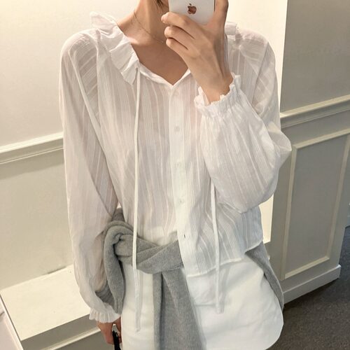 有货 韩国chic 秋日气质单排扣 棉提花荷叶边衬衣女 飘带长袖衬衫