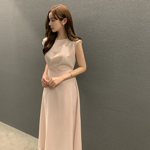 有货 韩国chic优雅气质女人味压褶设计系带收腰显瘦长款连衣裙