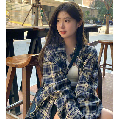 美式复古格子衬衫女慵懒风早秋薄款宽松oversize小众防晒外套衬衣