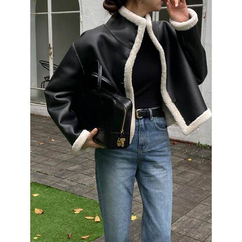 已出货 两面穿一体外套女加绒加厚宽松设计机车服皮夹克