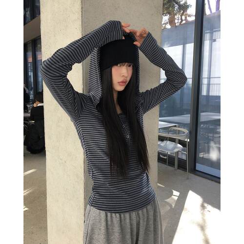 已出货 韩系 简约显瘦条纹连帽长袖T上衣
