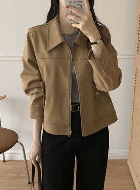 韩国chic 冬日 翻领 麂皮绒 机车 短款 长袖外套