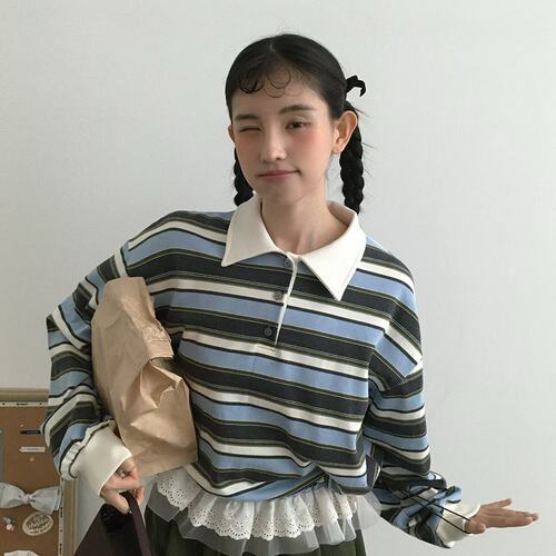 有货 时尚气质百搭花边拼接条纹卫衣