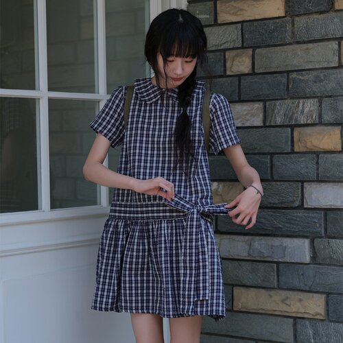 有货 韩国chic小众日系复古格子减龄娃娃领蝴蝶结系带短袖连衣裙