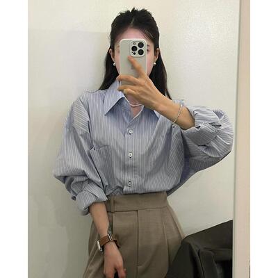 韩国chic早秋 冷淡风小众 条纹衬衫女 长袖衬衣
