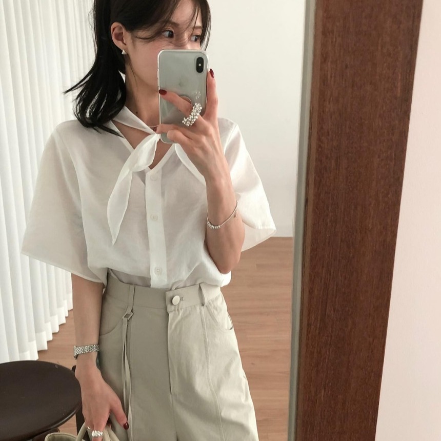 韩国chic 夏日 V领 单排扣 飘带  短袖 衬衫