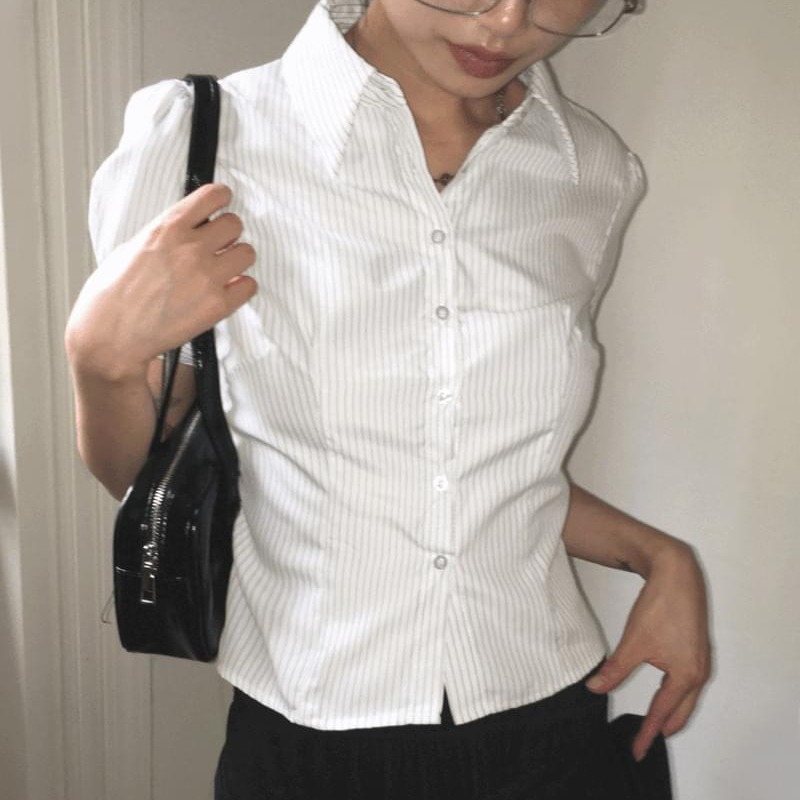 韩国chic 夏日 收腰设计感短款 泡泡袖 条纹衬衣 短袖衬衫