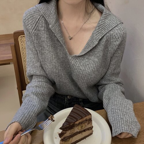 有货  韩国chic 早秋 气质V领简约 翻领长袖 打底针织衫女