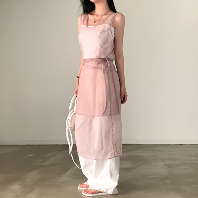 尺码更新 韩国ins 夏日 叠穿 围裙式 绑带 网纱 背心连衣裙