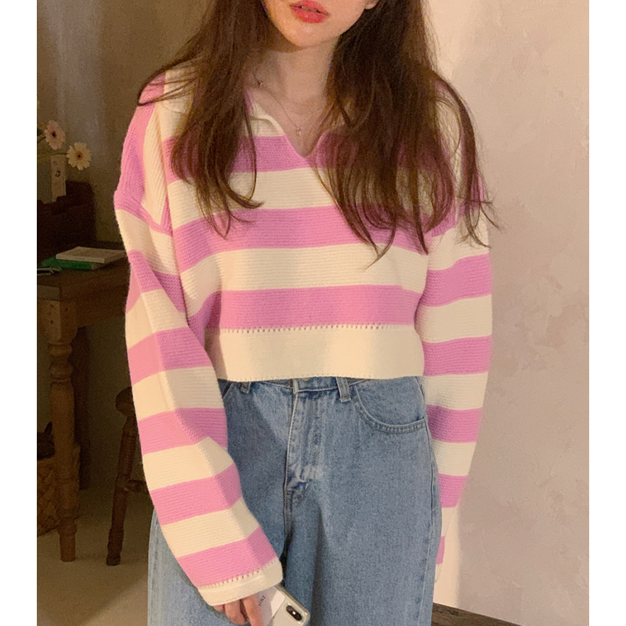 韩国 ins 早秋 粉粉嫩嫩  短款 长袖 毛衣