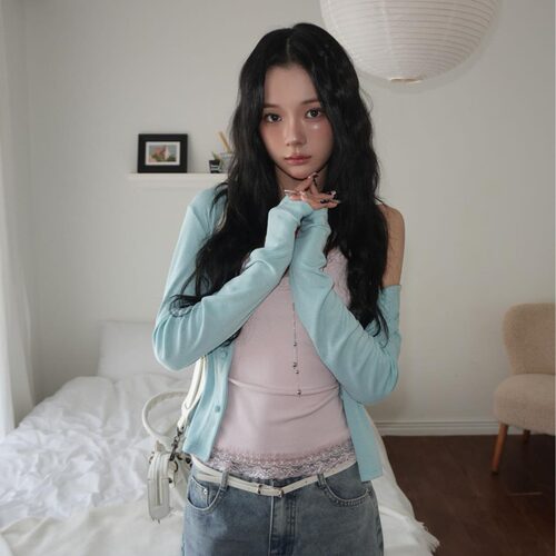 有货韩国ins秋蕾丝花边拼接吊带背心+修身气质短款开衫上衣套装女