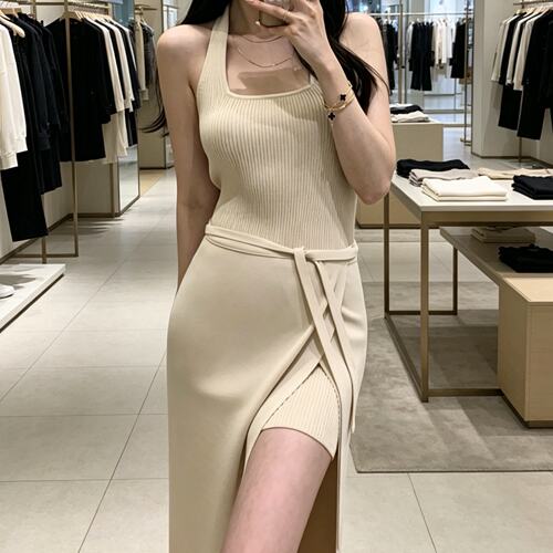 已出货尺码更新韩国chic夏季新款无袖开叉连衣裙+半身披帘套装