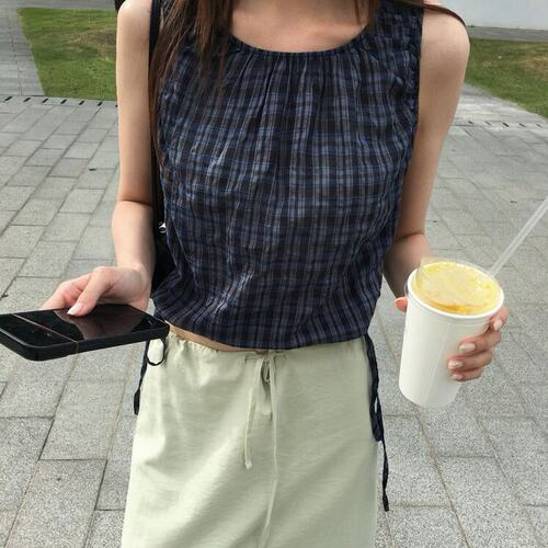 已出货尺码更新韩国chic夏季新款甜美格子腰部抽绳显瘦无袖衫