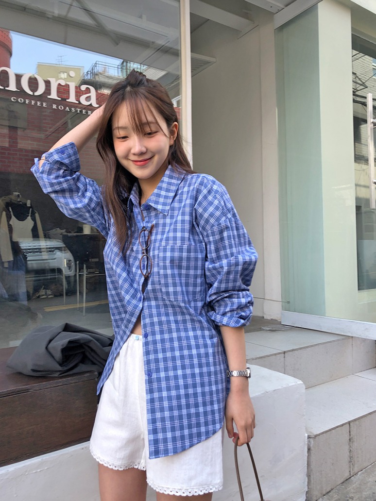 纯棉  韩国chic春日单排扣蓝色格子衬衫女燕尾长袖衬衣