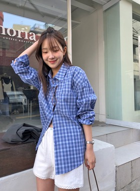纯棉  韩国chic春日单排扣蓝色格子衬衫女燕尾长袖衬衣
