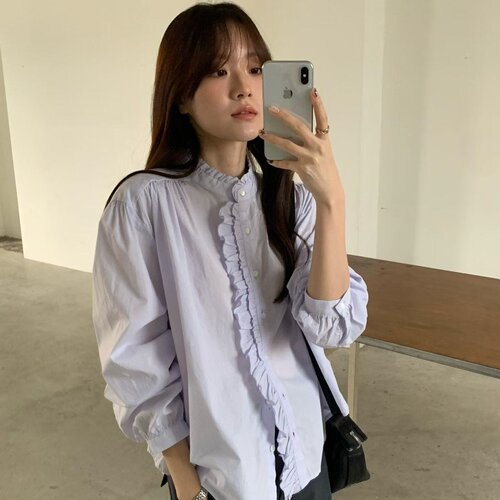 有货 韩国东大门设计感小众气质时尚减龄木耳边单排扣长袖衬衫女