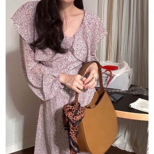 有货 韩国chic 韩国东大门 复古温柔气质荷叶领碎花连衣裙