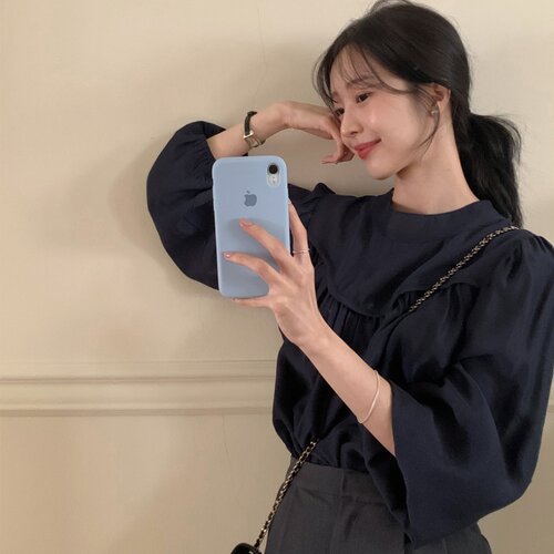 韩国ins法式优雅茶歇光泽感小众前后两穿领带宽松衬衫上衣女
