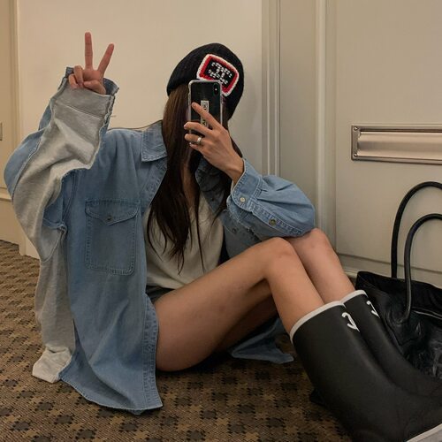 有货韩系宽松拼接牛仔衬衫女叠穿时髦长袖衬衣外套上衣