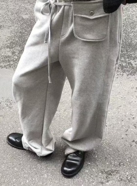 配小腰包加绒韩国设计重工复古拉链休闲哈伦裤运动长裤秋冬三色