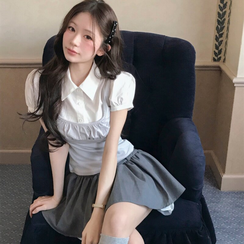 泡泡袖拼接假两件甜妹穿搭日杂少女感白色短袖衬衫图片