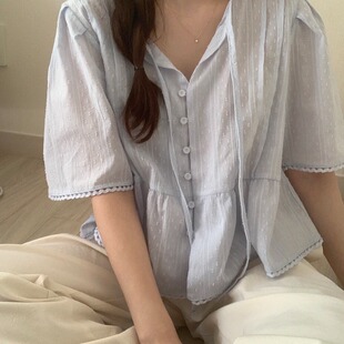 提花衬衫 韩国chic 短袖 花边 夏日宽松