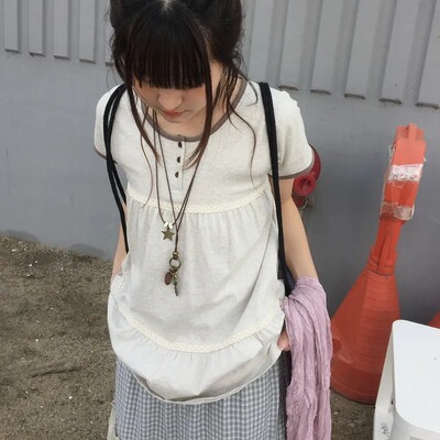 有货 韩国ins夏日 森系 蕾丝花边 拼接 撞色 短袖T恤