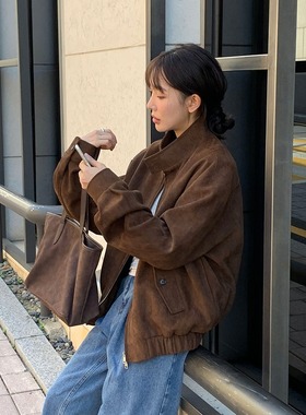 韩国ins秋冬复古保暖鹿皮绒双拉链外套夹克