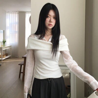 韩国chic春日修身假两件一字肩针织拼接长袖衬衣